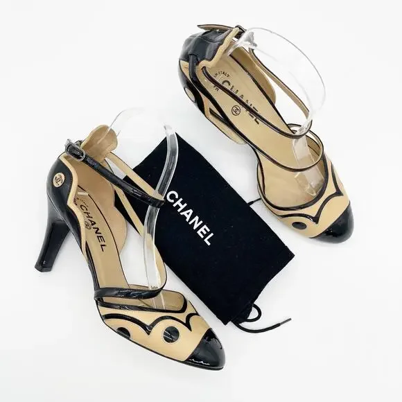 Chanel Vintage Beige Black Patent Leather Cap Toe CC Logo Strappy Heels EU 40 - Picture 2 of 16